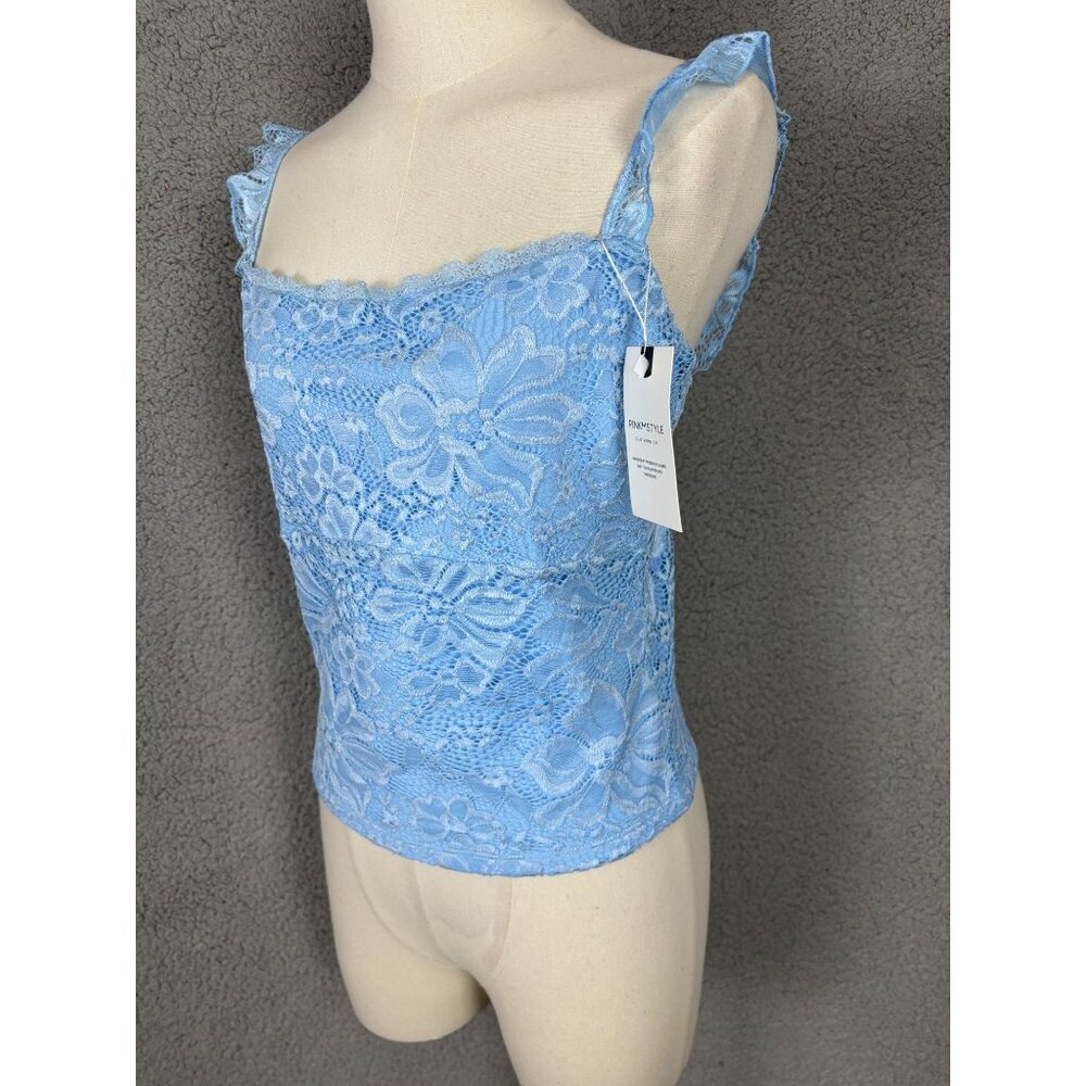 PINKMSTYLE Sexy Square Neck Blue Lace Cami Tank Fitted Double Lined Large NWT's - Picture 3 of 7